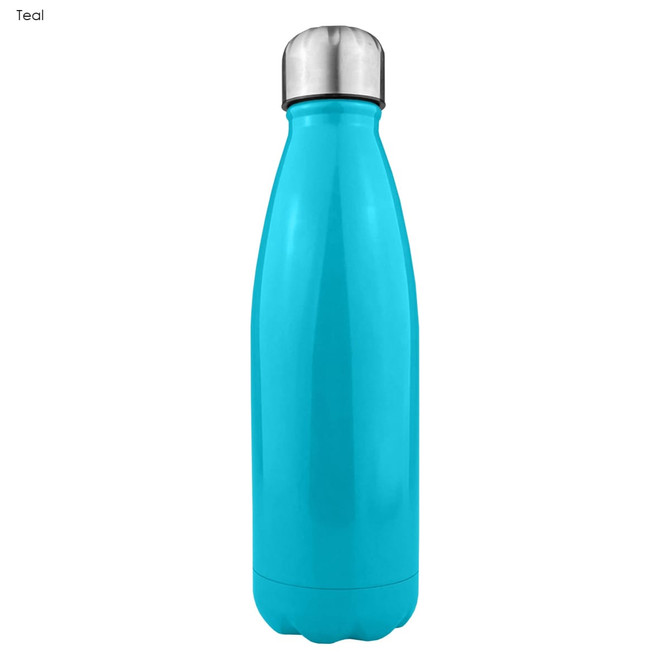 A drink bottle in a shiny teal finish with a stainless steel cap and a smooth, single-wall design.