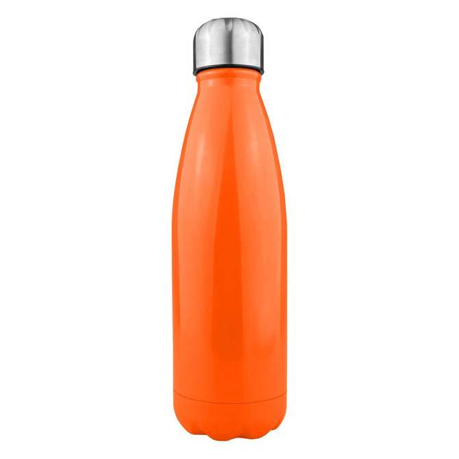 A drink bottle in shiny orange stainless steel with a silver cap, featuring a sleek and modern design.