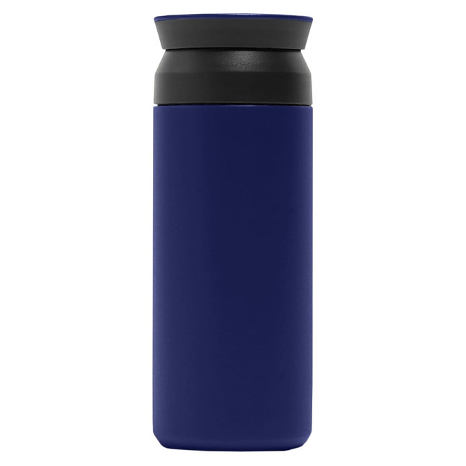 A drink bottle in navy blue with a black lid and a simple design featuring a logo.