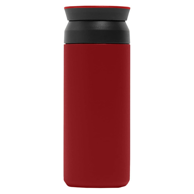 A drink bottle in a vibrant red colour with a black lid and a sleek design. It features a logo.