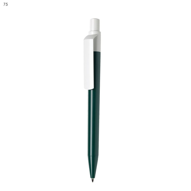 A green plastic pen with a white clip and a pointed tip, featuring a brand logo.