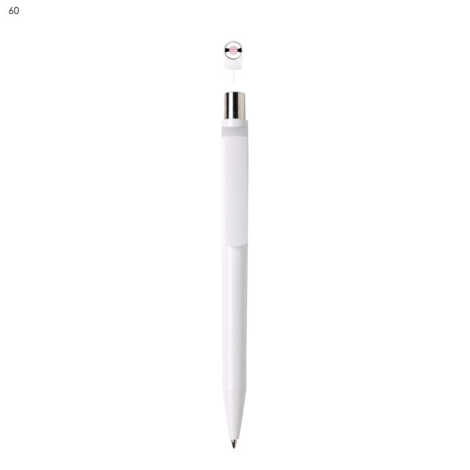 A white plastic pen with a silver clip and an attached cap, featuring a branding logo.