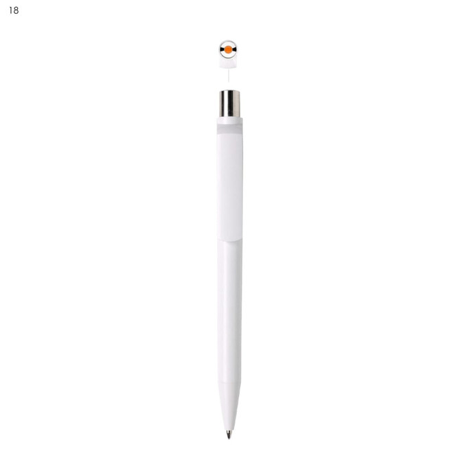 A white plastic pen with a silver cap and a logo at the top. The pen has a clean design and is suitable for writing.