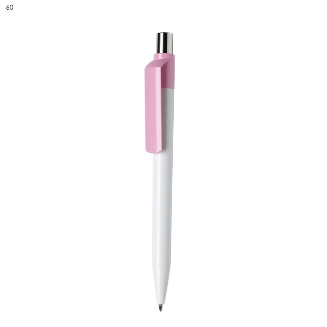 A plastic pen with a white barrel and a pink grip, featuring a metallic clip, and showcasing a logo.
