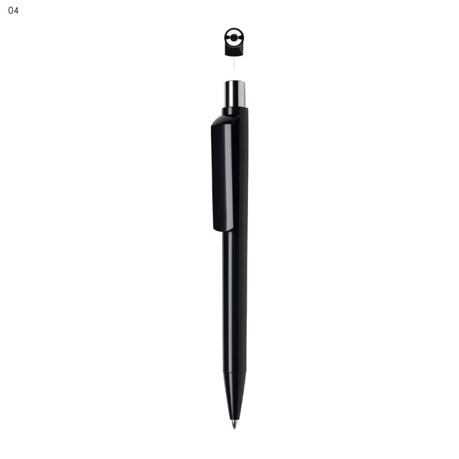 A black plastic pen with a sleek design and a silver clip, featuring a logo.