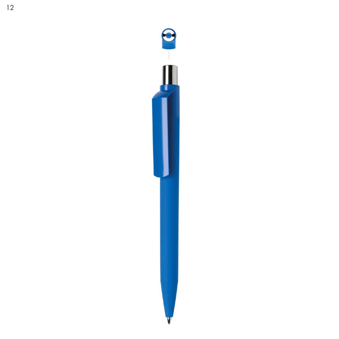 A blue plastic pen with a sleek design, featuring a removable cap and a silver clip, includes a logo on the barrel.