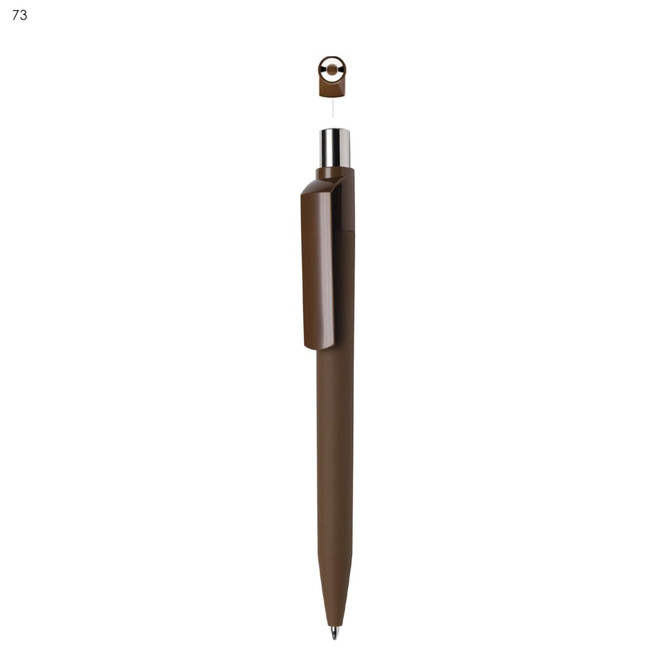 A brown plastic pen with a clip and a metallic accent, featuring a removable top. It has a logo.