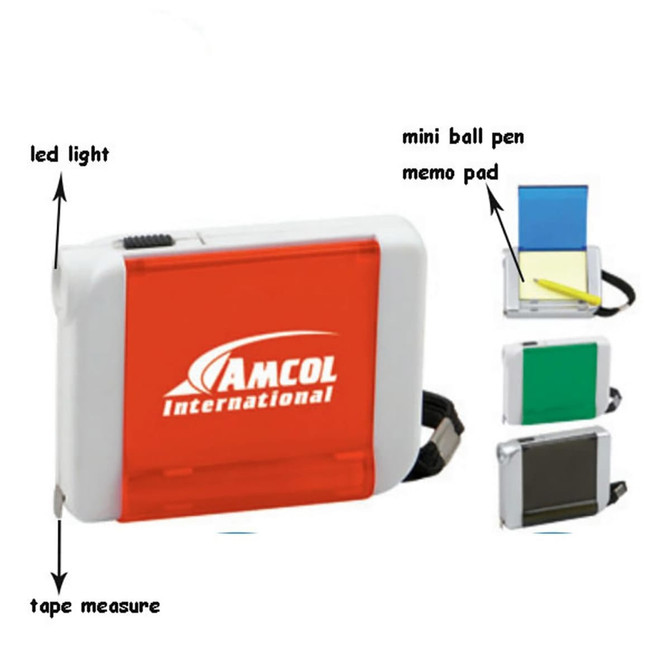 A tape measure with a red and white casing, featuring a mini ball pen and memo pad. It includes a logo and LED light.