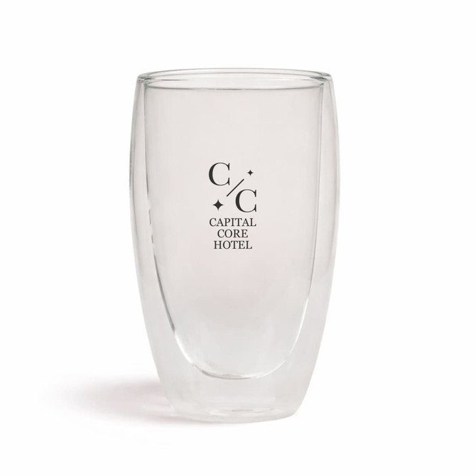 A double wall glass cup in clear with a logo on the front, designed for hot and cold beverages.