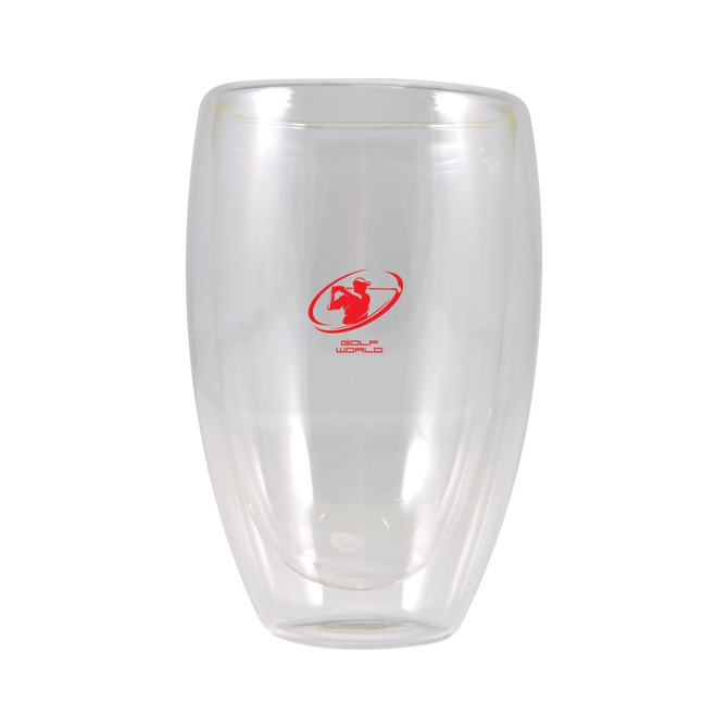 A double wall glass cup designed for beverages, featuring a clear body and a logo printed in red. Capacity is 450ml.