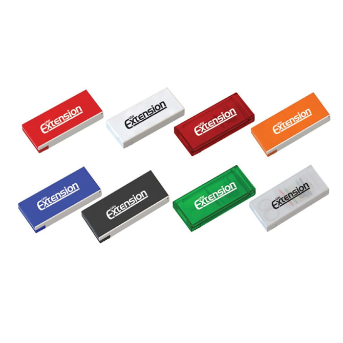 A collection of eight rectangular erasers in various colours: blue, red, green, orange, black, and white, each with a logo.