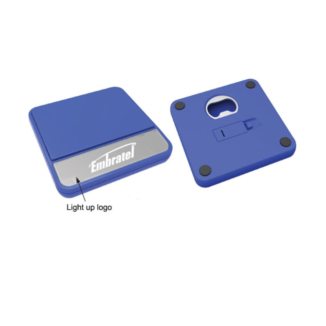 A drink bottle coaster in blue with a built-in bottle opener and a light-up logo on its surface.
