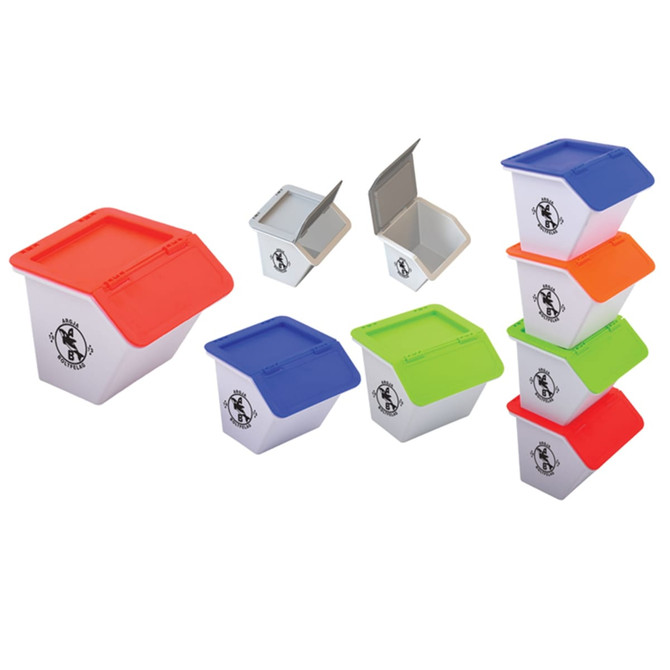 A set of desk organisers in white with assorted coloured lids: red, orange, green, and grey, featuring a logo.