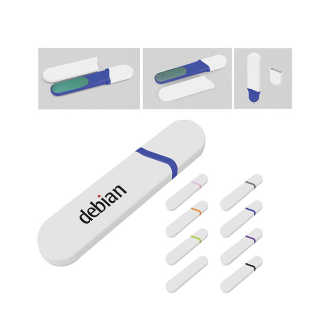 A nail file with a white casing and a blue accent, including various interchangeable coloured tips. It features a logo.