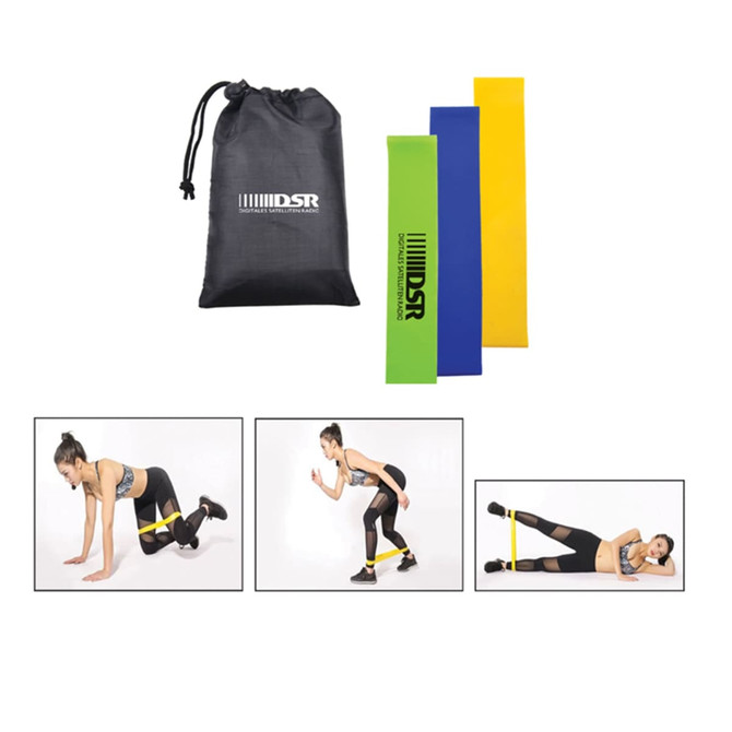 Three resistance bands in green, blue, and yellow, accompanied by a black drawstring bag featuring a logo.