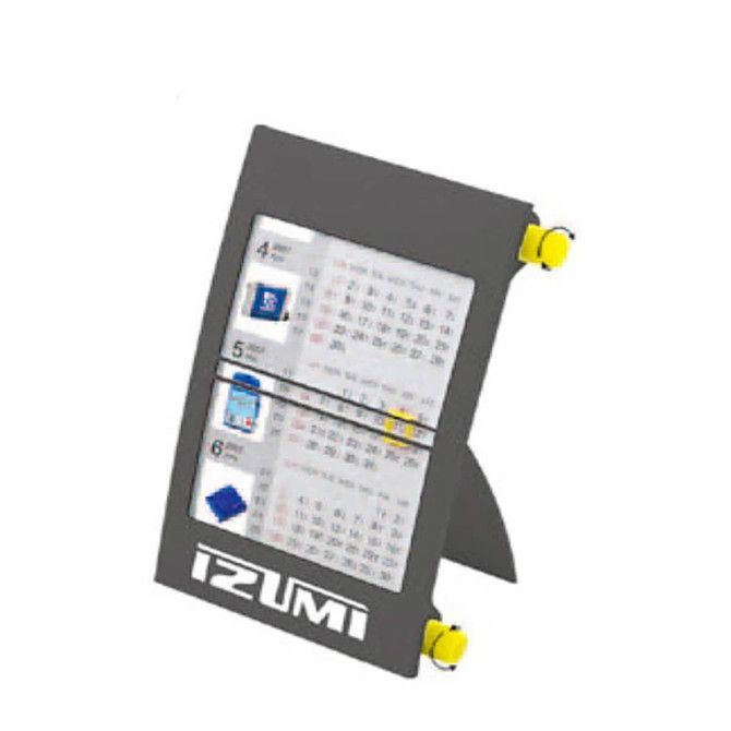 A grey wall calendar with yellow clips, displaying months and dates in a structured layout. Features a logo.