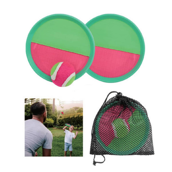 Two green and pink discs with a pink ball, packaged in a mesh bag, are displayed for a promotional product.