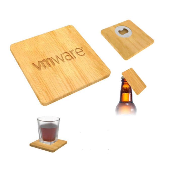 A drink bottle opener made of bamboo, featuring a square design with a circular cutout. It has a logo.