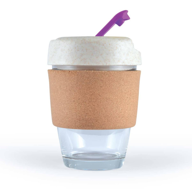 A reusable coffee cup with a transparent base, cork band, and a white lid featuring a purple straw.