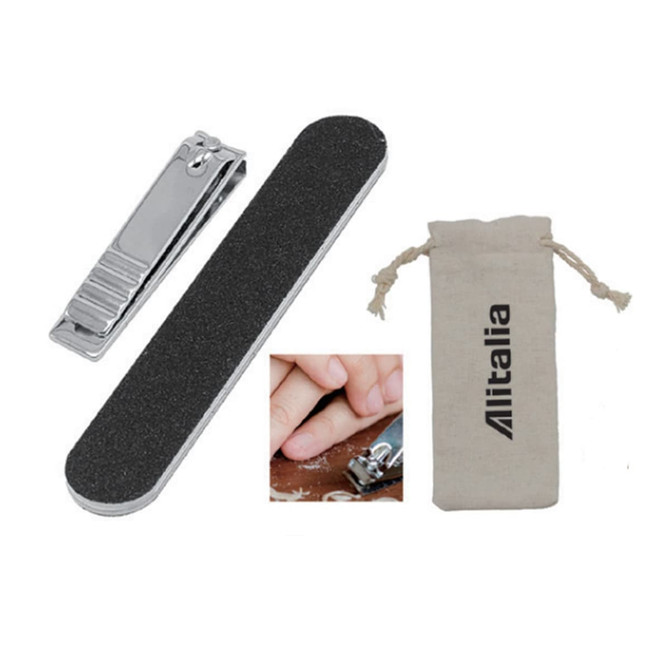 A manicure set in silver and black includes a nail clipper, file, and a storage pouch.