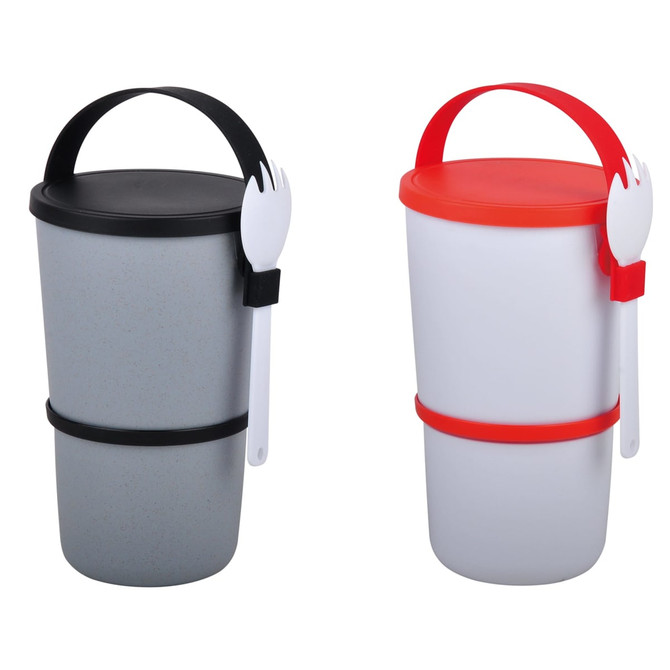 A grey and white lunch box with a black and red lid, featuring a fork attached to the side.