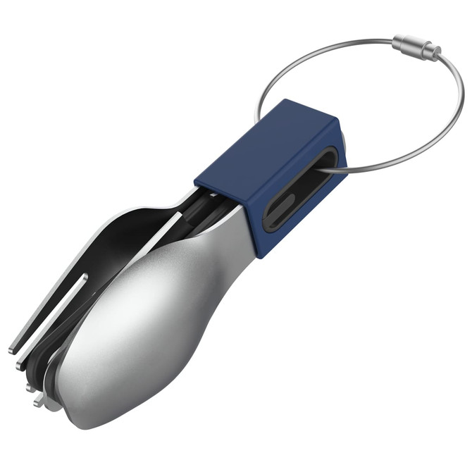 A compact cutlery set with a silver fork and spoon, secured with a blue holder and metal keyring.