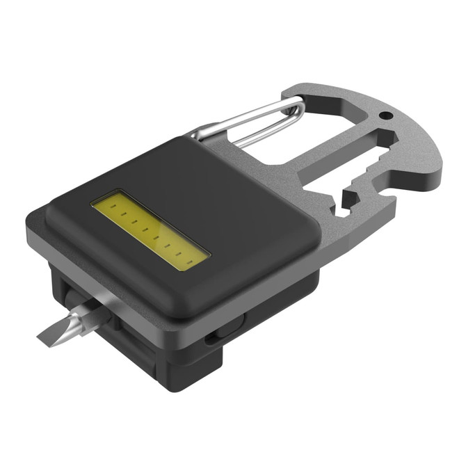 A compact black tool set featuring a screwdriver, multiple functions, and a carabiner clip for easy attachment.