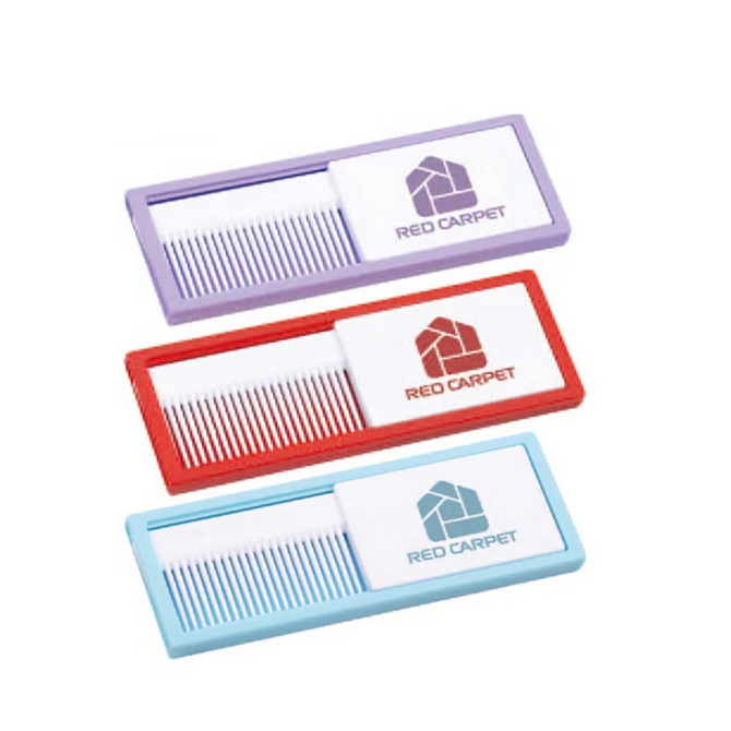A set of three combs with mirrors in purple, red, and blue, each featuring a logo on the front.