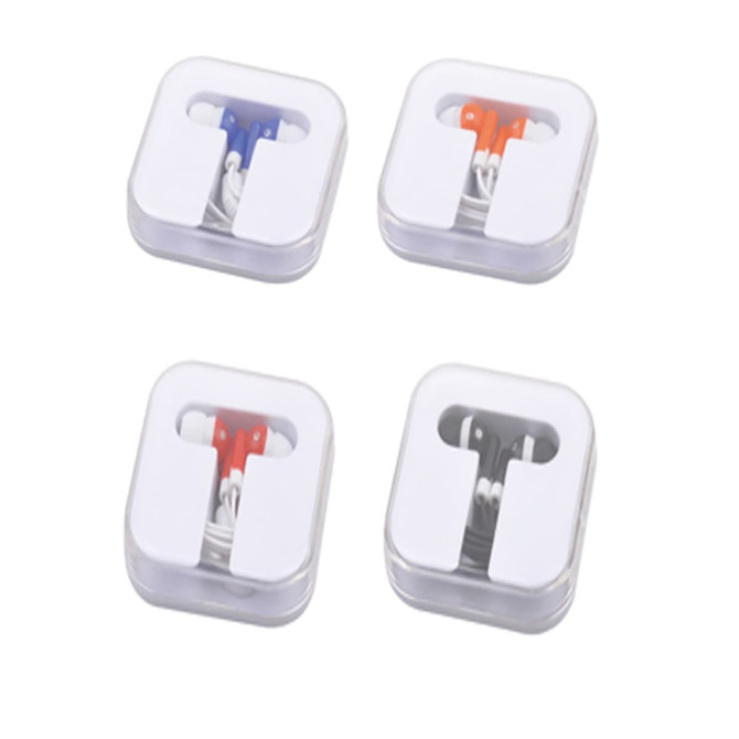 Earbuds in various colours including blue, orange, and white, encased in clear plastic cases with logos.