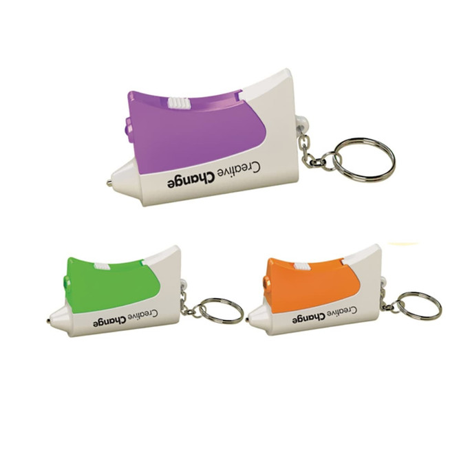 A keyring emergency hammer in purple, green, and orange, featuring a logo. It is compact and designed for easy carrying.