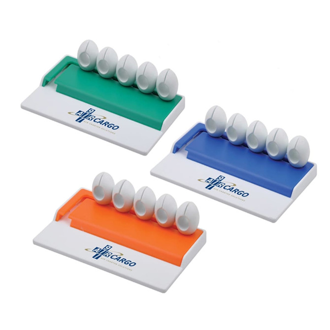 A cable organiser featuring three colour variations: green, blue, and orange, with white cable slots and a logo.
