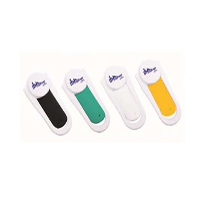 A set of four mobile stands in black, green, white, and yellow, featuring a logo on each.