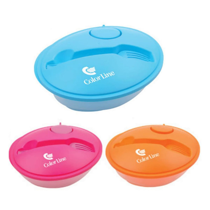 A blue, pink, and orange lunch box with compartments and utensils, featuring a logo.