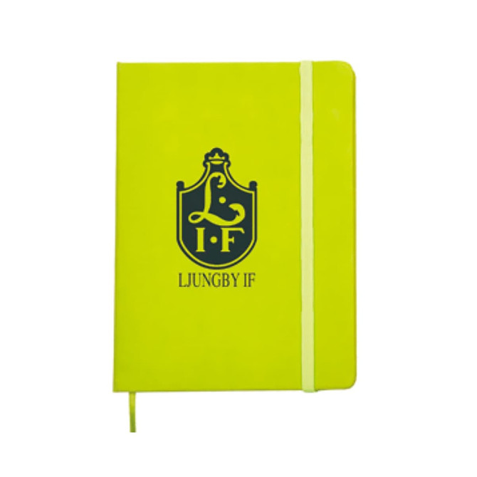 A vibrant yellow A5 PU notebook with a logo on the cover and an integrated elastic band closure.