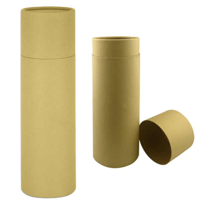 A drink bottle gift tube in a beige colour, featuring a cylindrical shape with a removable lid.
