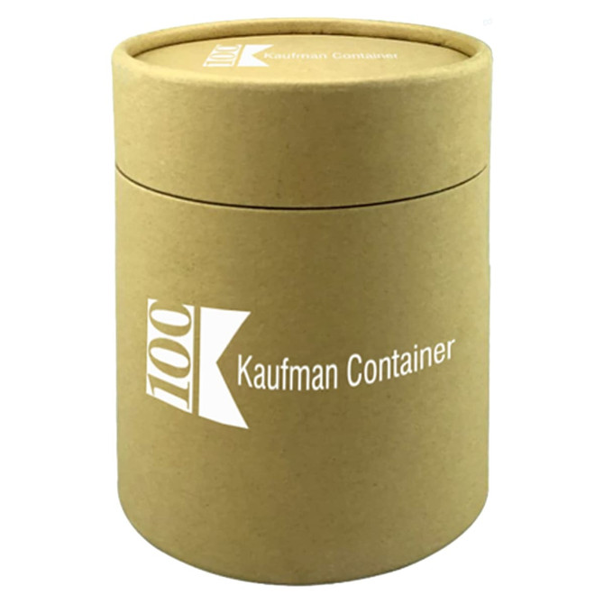 A cylindrical, kraft paper gift tube with a lid, featuring a logo on the front.