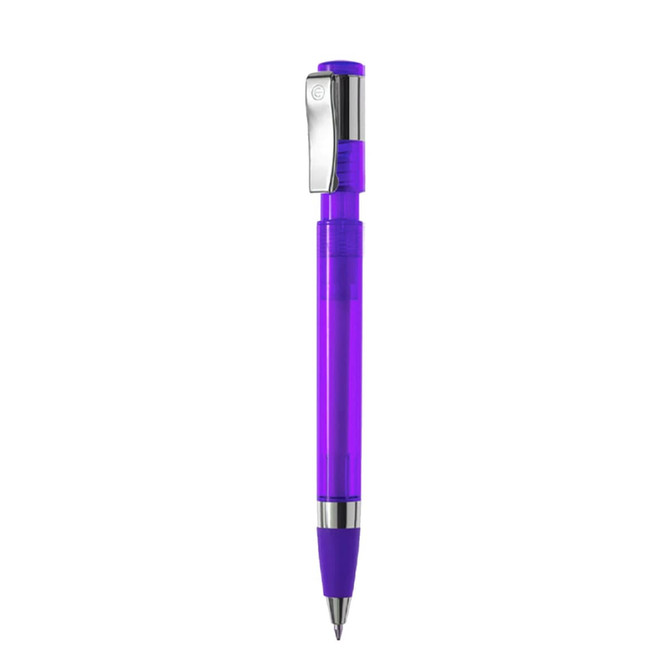 A purple plastic pen with a chrome clip and grip section. The design is sleek and modern, featuring a logo.