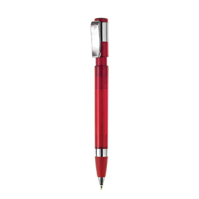 A red plastic pen with a chrome clip and grip, featuring a transparent barrel and a smooth writing tip.