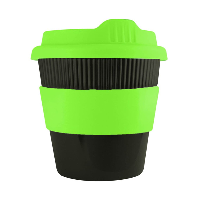 A drink bottle featuring a black body with a bright green lid and grip, designed as a reusable coffee cup.