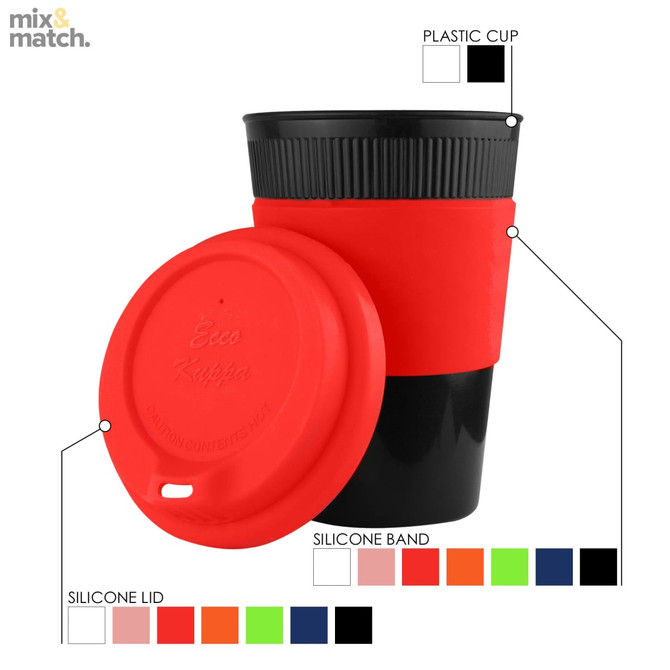 A drink bottle featuring a black plastic cup with a red silicone band and lid, displaying branding elements.