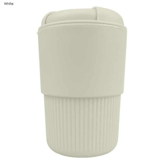 A reusable coffee cup in white with a textured grip and a lid. Features a branding logo.