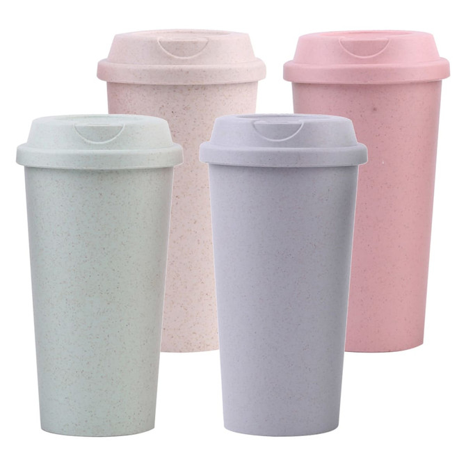A set of four reusable bamboo coffee cups in soft pink, light purple, mint green, and pale beige, each with a matching lid.
