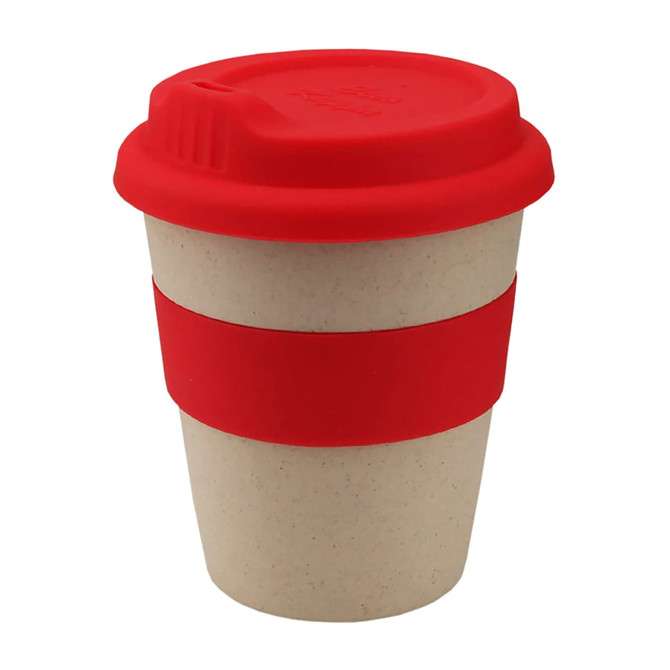 A reusable coffee cup featuring a beige body, red silicone band, and a red lid, with a logo on the surface.
