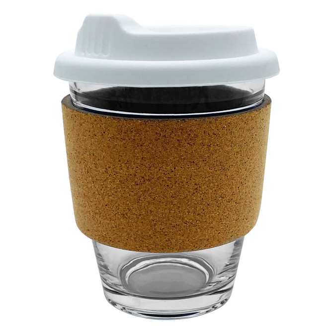 A glass coffee cup with a white lid and cork sleeve, showcasing a clear glass body.