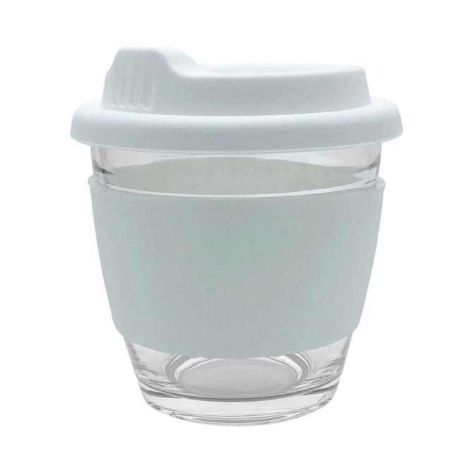 A reusable glass coffee cup in clear and light blue, featuring a silicone sleeve and a fitted lid.
