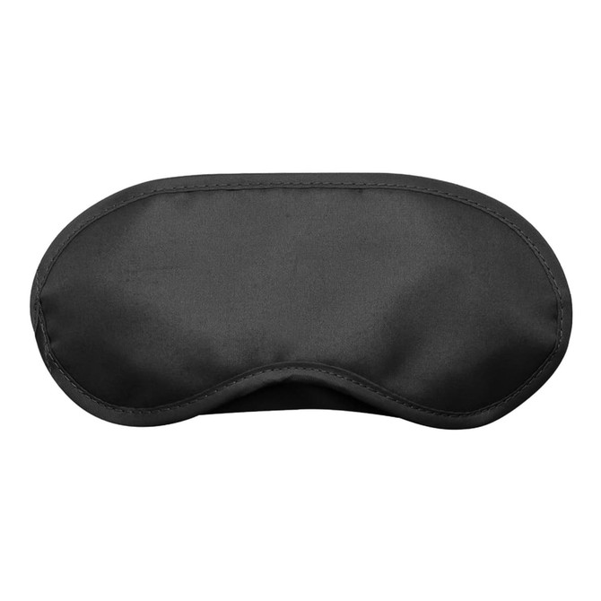 A black sleep eye mask with a smooth finish, designed for comfort and light blocking. Features a logo.