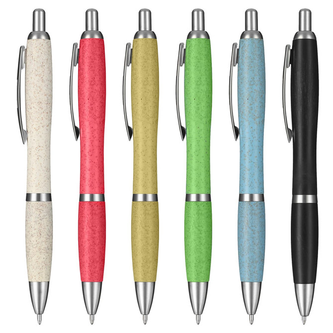 A collection of six eco-friendly plastic pens in white, red, yellow, green, blue, and black, with metallic accents and logos.