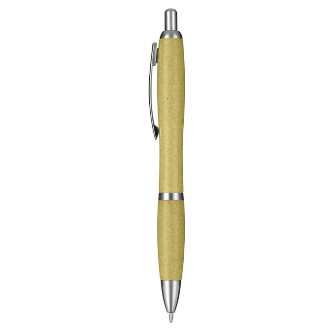 A yellow eco-friendly plastic pen with silver accents and a clip. The pen features a simple design and a logo.