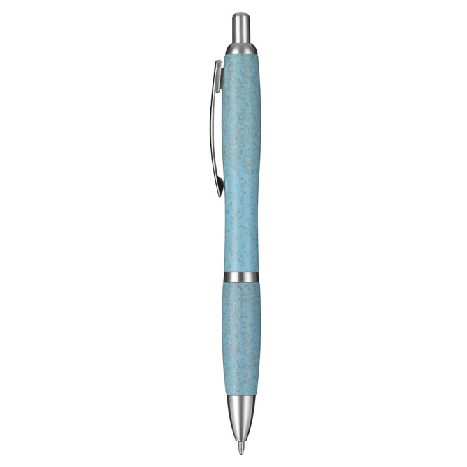 A blue and silver eco pen with a textured barrel and a clip, featuring a branding logo.