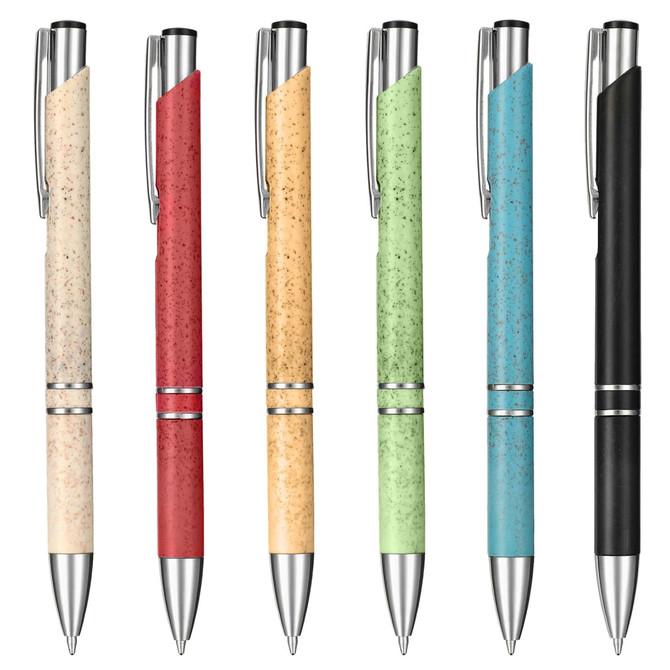 A collection of eco-friendly plastic pens in red, green, blue, beige, and black, featuring silver accents and branding.